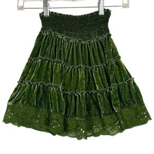 Vintage Flowers By Zoe 100% Silk Velvet Emerald Lace Trimmed‎ Ruffle Skirt sz 6x